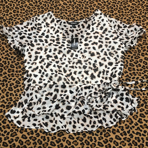 Express Animal Print Faux Wrap Peplum Short Sleeve Blouse *Size XS* NWT